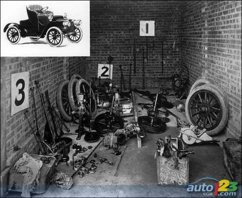 The parts of the three dismantled 1907 Model K Cadillacs before they were re-assembled.