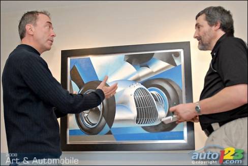 The painter Alain Lévesque (left) talks with Auto123.com'sjournalist Luc Gagné.