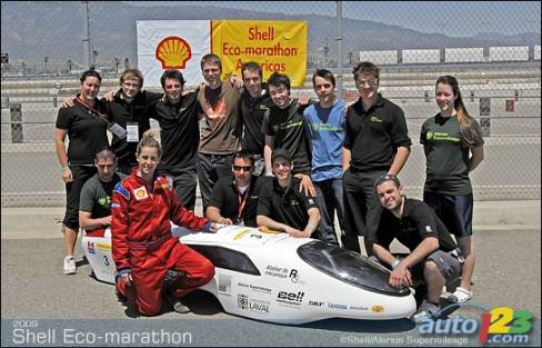 The Laval University Alerion Supermileage team from Québec City came out on top with an astonishing fuel consumption of 1,172.2 km per liter (0,0853 liter/100 km) with their vehicle, NTF 3.0, in the "Prototype" category.