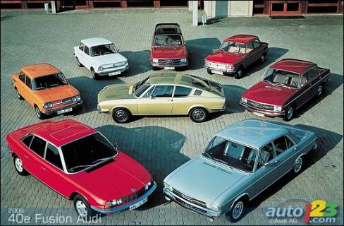 The model range of Audi NSU Auto Union AG in 1971 (pictured clockwise): NSU Ro 80, NSU Prinz 100 TT, NSU Prinz 4, Audi 75 Variant, NSU 1200, Audi 60 L, Audi 100 LS, Audi 100 Coupé S (centre)