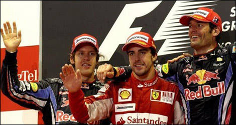 Sebastian Vettel, Fernando Alonso and Mark Webber on the Singapore's podium in 2010.