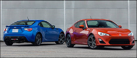 2013 Subaru BRZ rear 3/4 view and 2013 Scion FR-S front 3/4 view