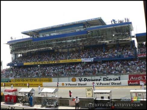 The grandstands are full for the start at 5:00 p.m. on Saturday. (Photo: John LeBlanc)
