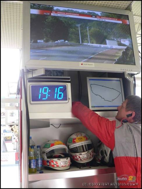 In the pit garage, the Audi Sport Team Joest can keep track of where their two Audi R10s are on the .65-kilometre circuit at any time. (Photo: John LeBlanc)