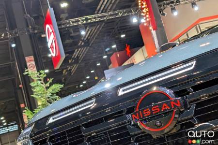 Nissan badging and banner, at the 2025 Chicago Auto Show