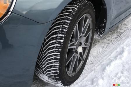 The winter-approved all-season Michelin Cross-Climate 2 tire on a Lincoln MKZ.