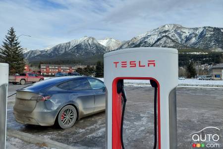 A Tesla charging station in Canmore, Alberta