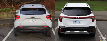 Rear of 2024 Chevrolet Trax and 2024 Kia Seltos