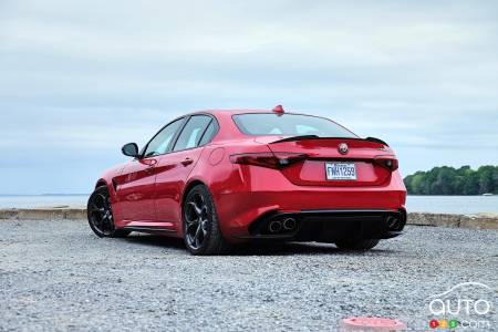 2021 Alfa Romeo Giulia Quadrifoglio, three-quarters rear