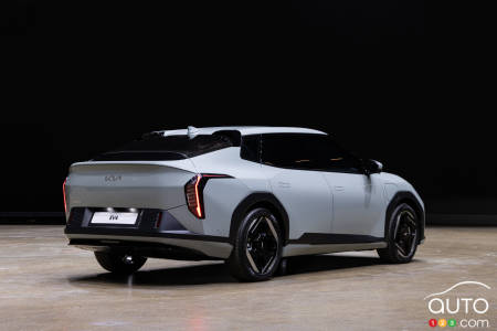 The Kia EV4, three-quarters rear