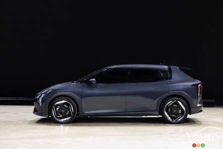 The Kia EV4 five-door hatchback, in profile