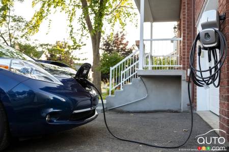 A car plugged into a home charging station