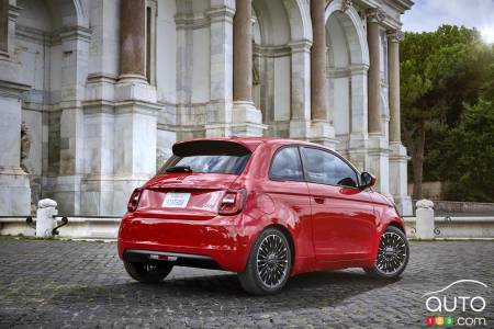 The 2024 Fiat 500e (Red) Edition, three-quarters rear