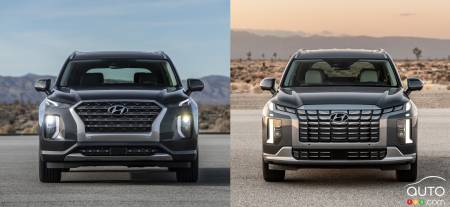 Front ends of the 2020 and 2023 Hyundai Palisade