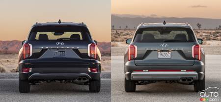Back ends of the 2020 and 2023 Hyundai Palisade