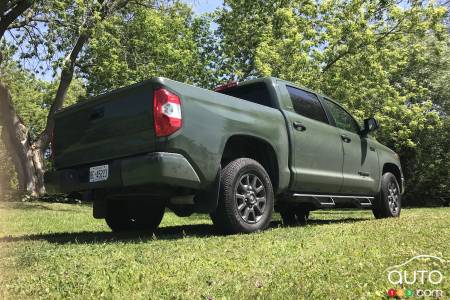 The 2021 Toyota Tundra CrewMax SR5, three-quarters rear