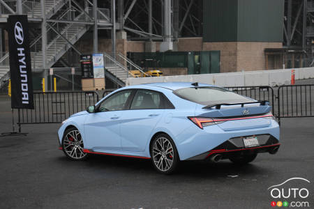 The 2022 Hyundai Elantra N, three-equarters rear