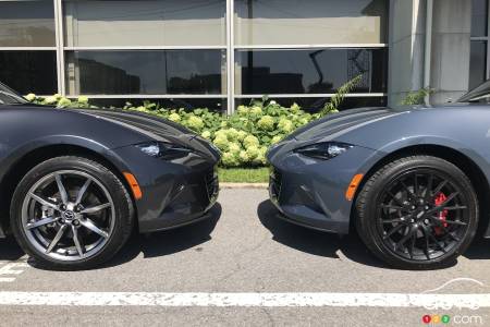 The Mazda MX-5 hard and soft tops, nose to nose