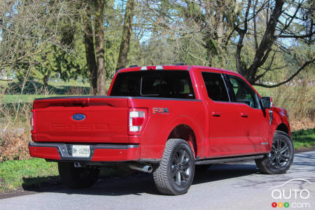 2021 Ford F-150 PowerBoost, three-quarters rear