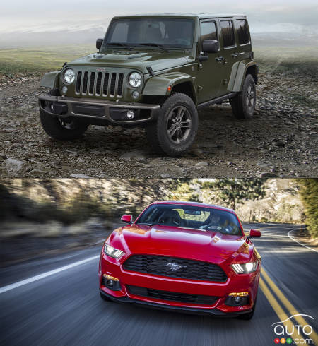 Ford Mustang V6 décapotable 2016 et Jeep Wrangler Unlimited Sport S 2016