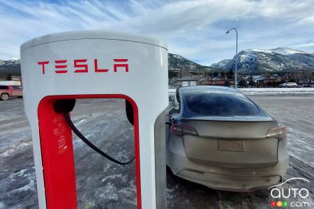 A Tesla Model Y, recharging in Alberta