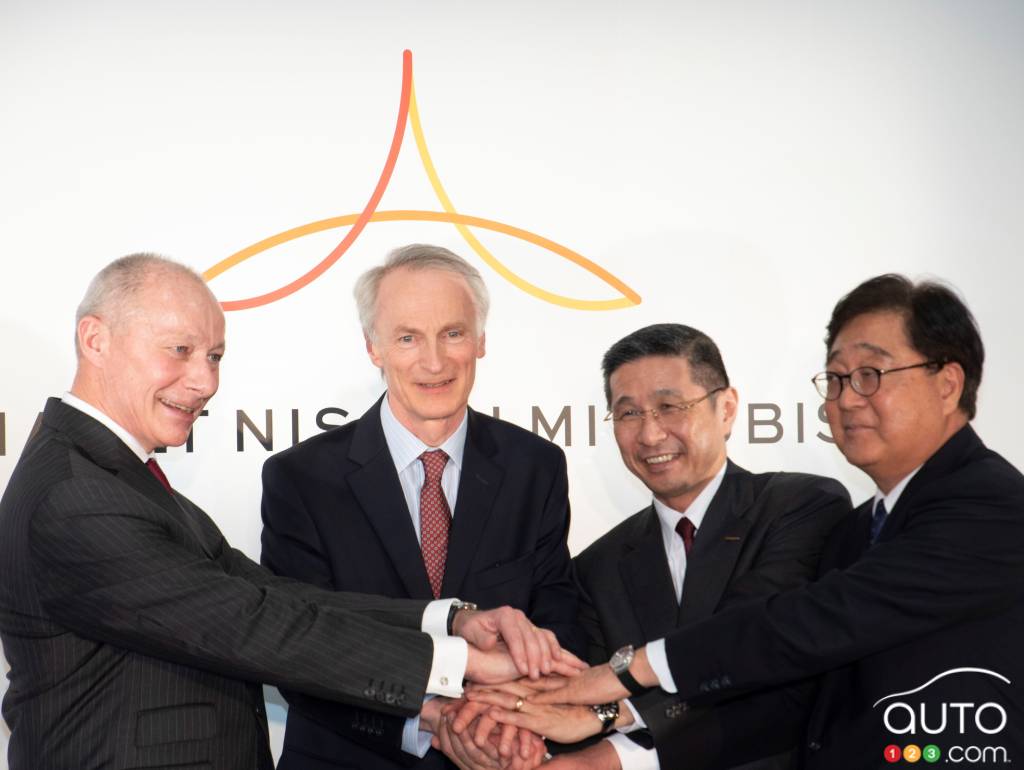 Jean-Dominique Senard, Président de Renault, Hiroto Saikawa, CEO de Nissan, Thierry Bolloré, CEO de Renault et Osamu Masuko, CEO de Mitsubishi Motors