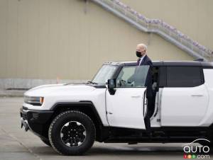 Joe Biden Takes a Spin in a Hummer EV at Factory Zero