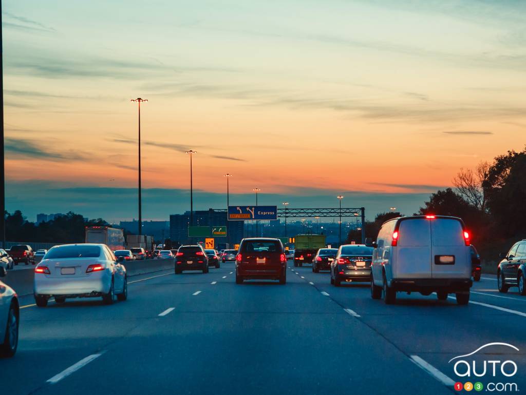 Road traffic, at dusk