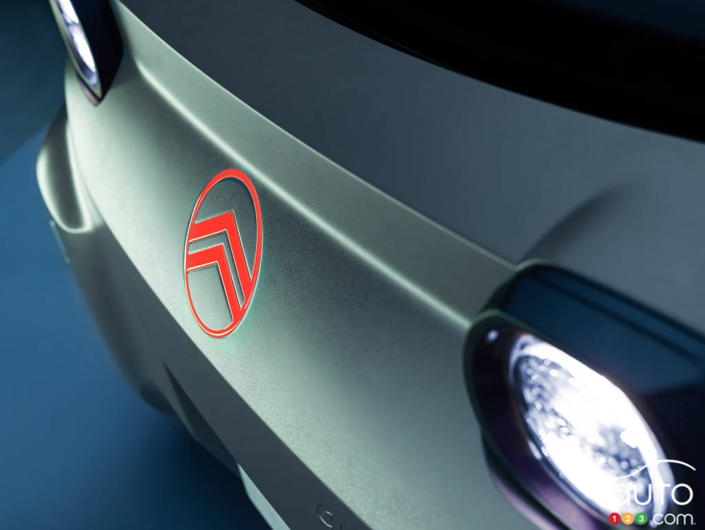 The Citroën logo on the Citroën Ami, presented at the 2024 Paris auto show