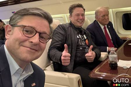 Elon Musk with Mike Johnson and the president, in November 2024