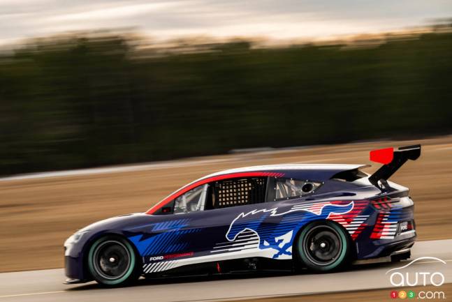 The Ford Mustang Mach-e NASCAR, on the track