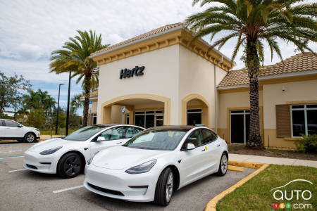 Tesla Model 3s in front of a Hertz outlet.