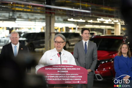 Doug Ford, Premier of Ontario, Justin Trudeau, Prime Minister of Canada and Minister Freeland, Finance Minister of Canada, listen as Toshihiro Mibe, President & CEO of Honda, announces $15-billion investment.