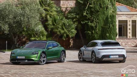 2022 Porsche Taycan Cross Turismo, in green and in white