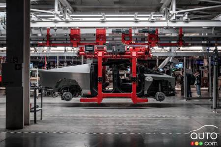 A Tesla Cybertruck under construction