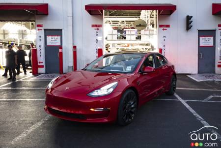 The two millionth vehicle produced at the Fremont plant, a Model 3