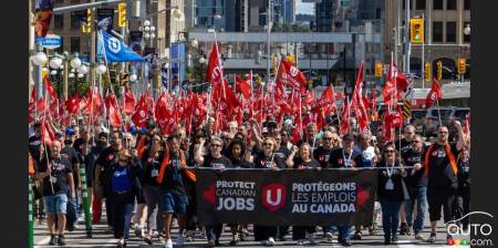 Une manifestation d'ouvriers du syndicat Unifor, en août 2026