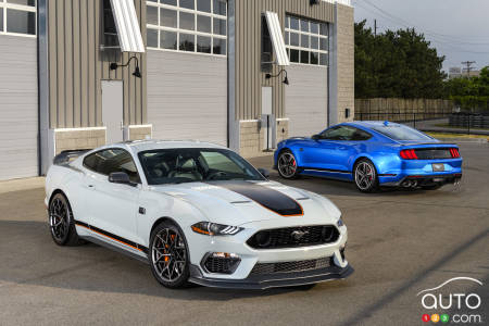 2021 Ford Mustang Mach 1, white and blue