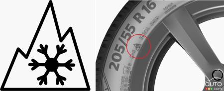 Symbol indicating a tire is certified for use in winter in Quebec, parts of British Columbia and other regions of Canadae qui indique que le pneu est certifié pour usage en hiver