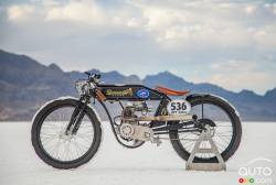 Bonneville Flyer motorcycles and mopeds are modern version of vintage board track racers.