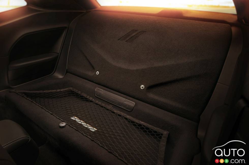 Standard drag-race interior configuration of the 2018 Dodge Challenger SRT Demon has rear seats removed; first-ever, factory-production Challenger with a rear-seat delete.