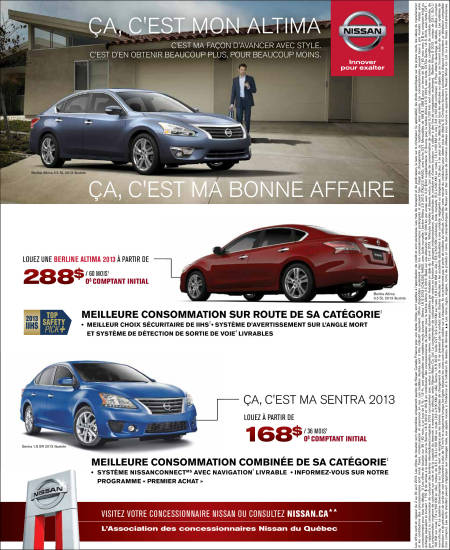 NISSAN ALTIMA 2013 & NISSAN SENTRA 2013 - PAQUET NISSAN � L�VIS SUR LA RIVE-SUD DE QU�BEC