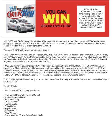 Win a 2014 Kia Forte with 91.5 and Performance Kia in Thunder Bay