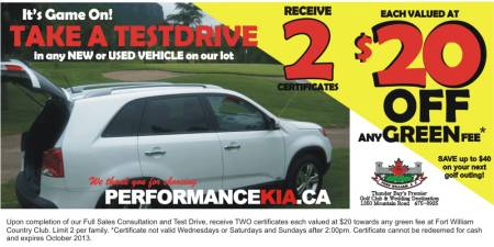 Receive Two $20 Certificates for Golf at Fort William Country Club!