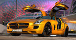 2010 Mercedes-Benz SLS AMG striking gold paint finish at the Dubai International Motor Show