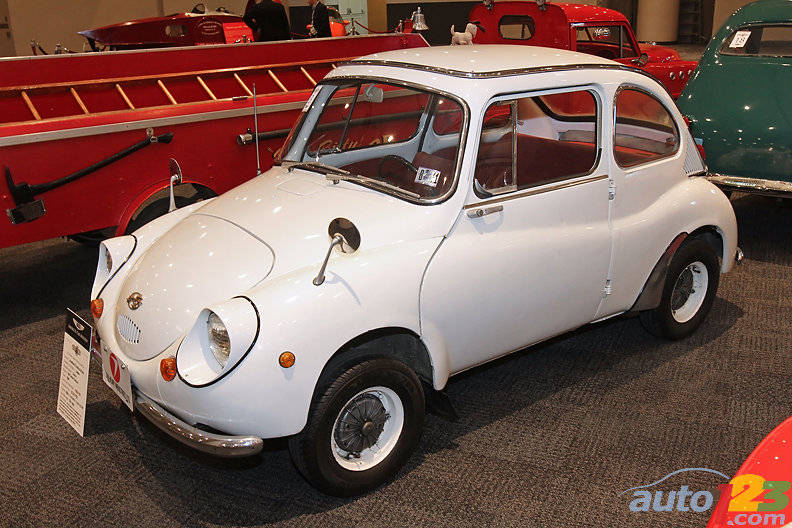 The first car manufactured by Fuji Heavy Industries, maker of Subaru products, this sedan featured suicide doors and could accommodate four people. The two-stroke, twin-cylinder rear engine powered the rear wheels. The air-cooled mill displaced 356 cc and produced 25 hp. (Photo: Luc Gagné/Auto123.com)