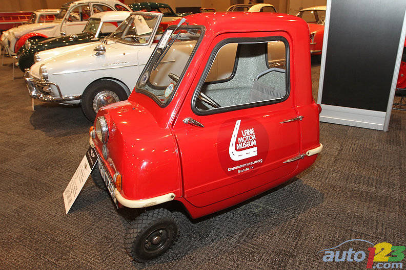 The world's smallest mass-produced car was built on the Isle of Man in 1962, then again in 1965. The quintessential tiny city runabout, the one-seater featured a 49-cc, single-cylinder engine that powered the one rear wheel. The P-50 weighed 59 kg (without its passenger). (Photo: Luc Gagné/Auto123.com)