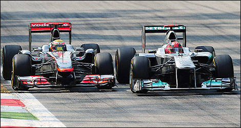 Michael Schumacher fighting with Lewis Hamilton at Monza. (Photo: AFP)