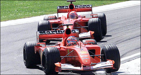 Rubens Barrichello leading Michael Schumacher at Imola in 2001. (Photo: Ferrari)
