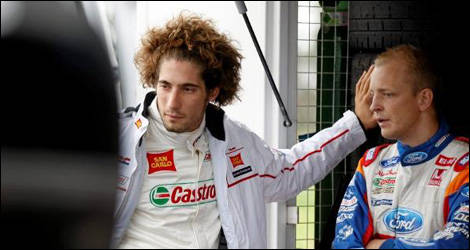 Marco Simoncelli (left) with Ford WRC driver Mikko Hirvonen